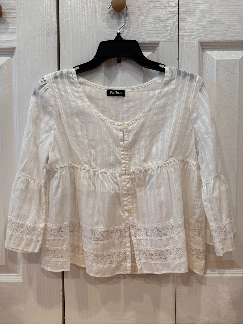 Felino White 3/4 Sleeve Lace-Trim Cotton Peasant Blouse